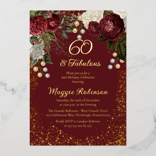 60. en Floral Birthday Party (Roos van Fabulous Gl Folie Uitnodiging (Voorkant)