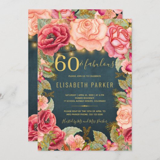 60 en geweldige florale elegant 60e verjaardag kaart (Voorkant / Achterkant)