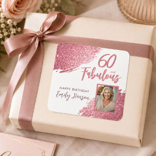60 en Prachtig Roze Glitter Foto 60e Verjaardag Vierkante Sticker
