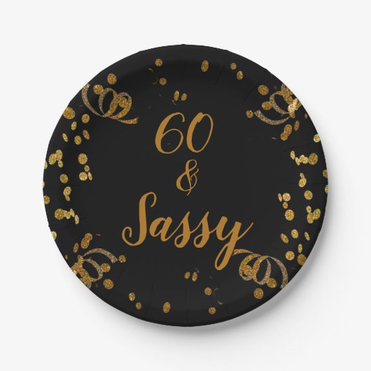 60 en Sassy 60th Birthday Black | Faux Gold Papieren Bordje (Voorkant)