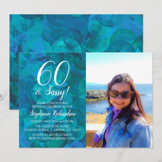 60 en Sassy Abstract Ocean Blue Foto Verjaardag Kaart (Voorkant / Achterkant)