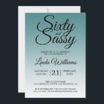 60 en Sassy Blauwgroen Ombre 60th Birthday Kaart<br><div class="desc">Het vieren van het 60-jarig worden in stijl met dit moderne 60ste verjaardagsontwerp op een blauwgroen ombre dip dye effect background, een chic 60ste verjaardagsuitnodiging die je eenvoudig kunt personaliseren en uitzenden voor je 60ste verjaardagsfeest. De woorden zestig en assy worden geplaatst gebruikend elegante handgeschreven manuscriptkalligrafie. Exclusief voor u ontworpen...</div>