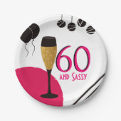 60 en Sassy Champagnefluit Papieren Bordje (Voorkant)