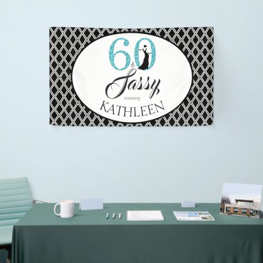 60 en Sassy Custom 60th Birthday Blue Glitter Spandoek (Beurs)