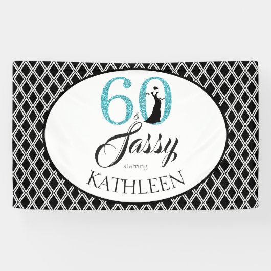 60 en Sassy Custom 60th Birthday Blue Glitter Spandoek (Horizontaal)