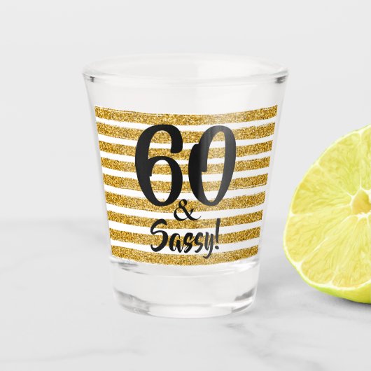 60 en Sassy Gold Faux Glitter Stripe Custom Shot Glas (Voorkant)