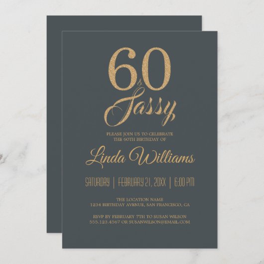 60 en Sassy Off-Black Gold 60th Birthday Party Kaart (Voorkant / Achterkant)