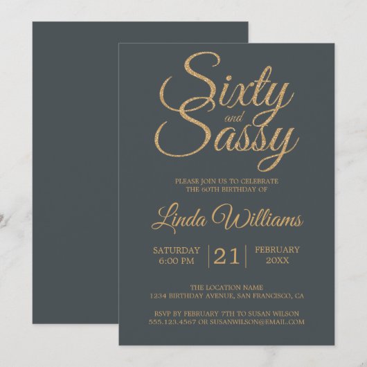 60 en Sassy Off-Black Gold 60th Birthday Party Kaart (Voorkant / Achterkant)