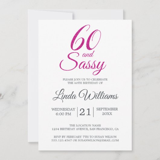60 en Sassy Roze Glitter 60ste Verjaardagsfeestje Kaart (Voorkant)