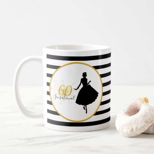 60 en SENSATIONAL 60th Birthday Black/White Stripe Koffiemok (Met donut)