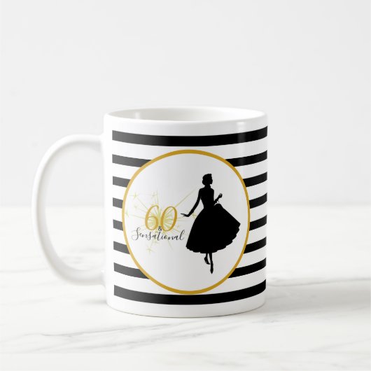 60 en SENSATIONAL 60th Birthday Black/White Stripe Koffiemok (Links)