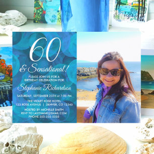 60 en Sensational Ocean Blue Photo Birthday Kaart