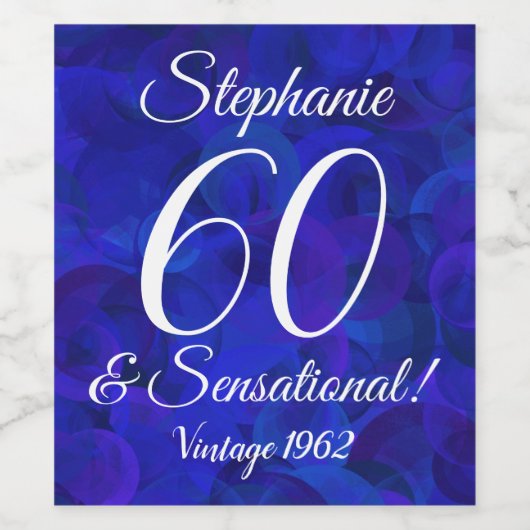 60 en Sensationeel Elegant Royal Blue op maat Wijn Etiket (Enkel label)