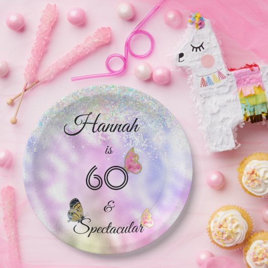 60 en Spectaculaire Glittervlinders Verjaardag  Papieren Bordje (Feest)