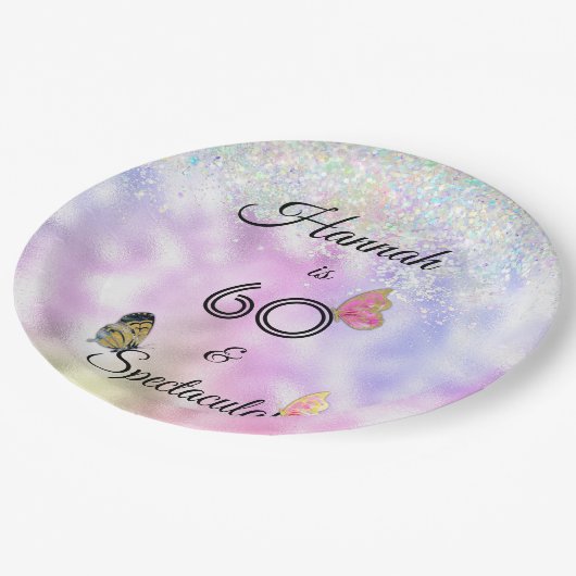 60 en Spectaculaire Glittervlinders Verjaardag  Papieren Bordje (Gekanteld)