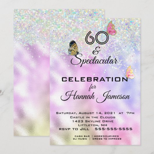 60 en spectaculaire Glittery Butterflies Party Kaart (Voorkant / Achterkant)