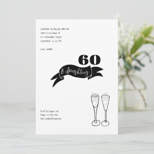 60 en sprankelende hand getekend zwart en wit kaart (Staand voorkant)