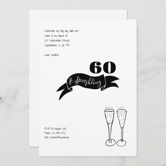 60 en sprankelende hand getekend zwart en wit kaart (Voorkant / Achterkant)