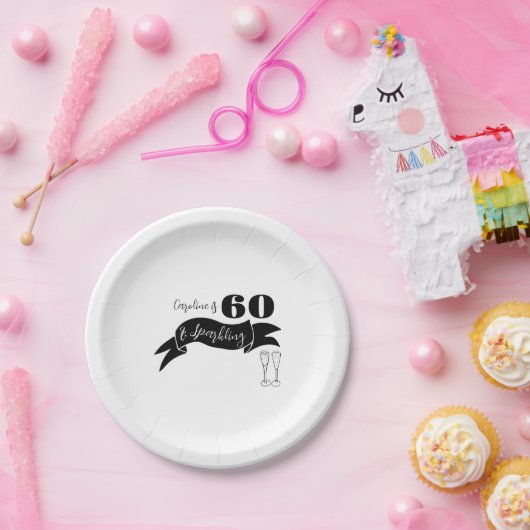 60 en sprankelende hand getekend zwart en wit papieren bordje (Feest)