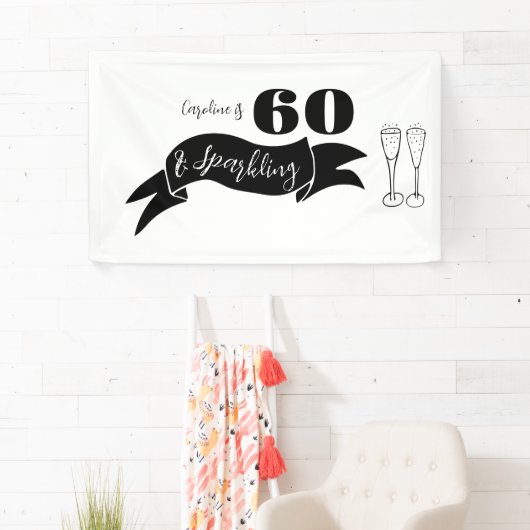 60 en sprankelende hand getekend zwart en wit spandoek (Insitu)