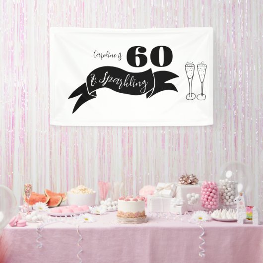 60 en sprankelende hand getekend zwart en wit spandoek (Feest)