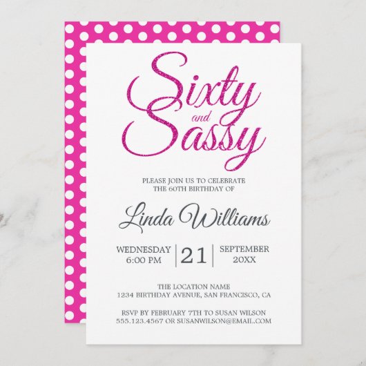 60 en Zassy Pink Glitter 60th Birthday Party Kaart (Voorkant / Achterkant)
