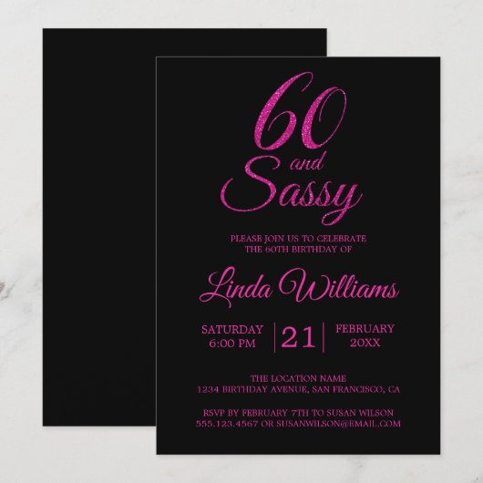 60 en Zassy Pink Glitter 60th Birthday Party Kaart (Voorkant / Achterkant)