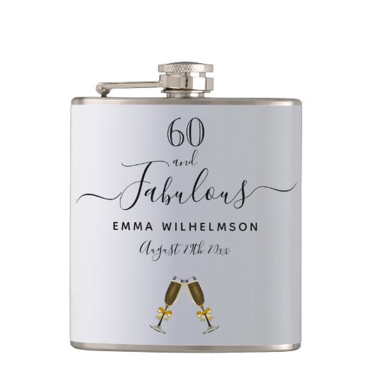 60 fabelachtig verjaardagszilver monogram heupfles (Voorkant)