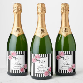 60 fabelroze floralen zwarte strepen monogram sparkling wijnetiket