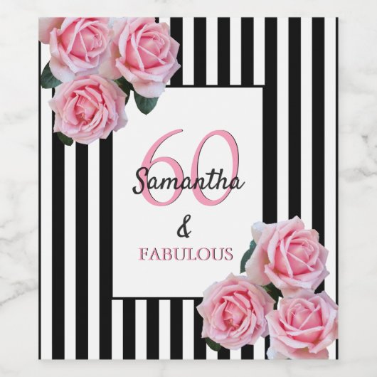 60 fabelroze floralen zwarte witte strepen wijn etiket (Enkel label)