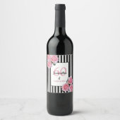 60 fabelroze floralen zwarte witte strepen wijn etiket (Voorkant)