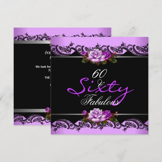 60 & Fabulous 60ste verpartij Mauve Rozen Kaart (Voorkant / Achterkant)