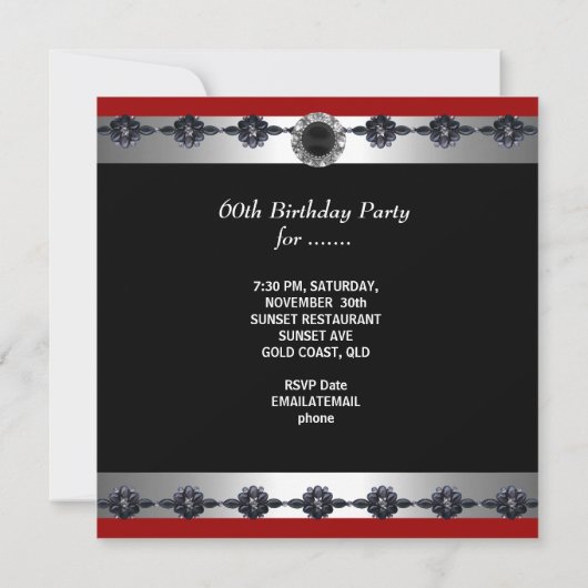 60 & Fabulous 60th Birthday Party Silver Red Kaart (Achterkant)