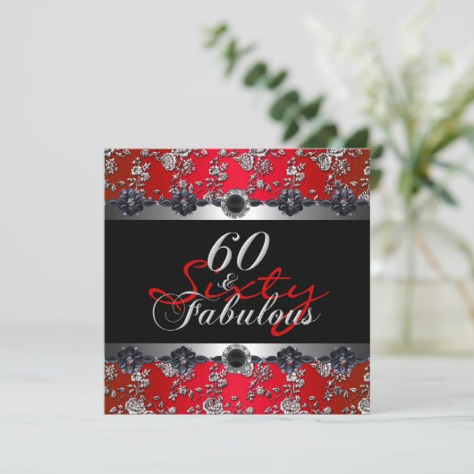 60 & Fabulous 60th Birthday Party Silver Red Kaart (Staand voorkant)