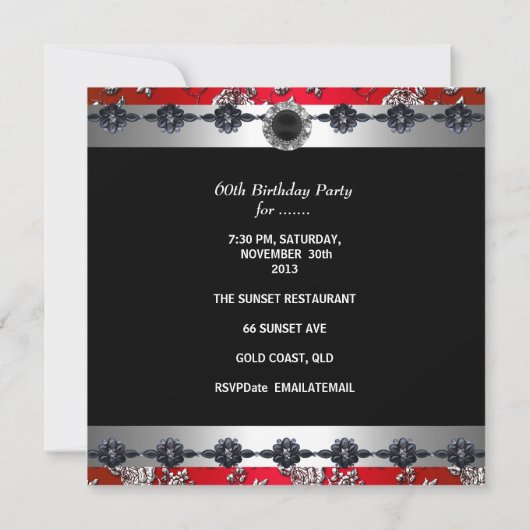 60 & Fabulous 60th Birthday Party Silver Red Kaart (Achterkant)