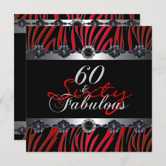 60 & Fabulous 60th Birthday Party Zebra Silver Red Kaart (Voorkant / Achterkant)