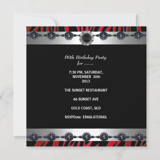 60 & Fabulous 60th Birthday Party Zebra Silver Red Kaart (Achterkant)