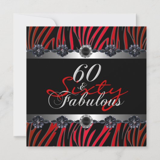 60 & Fabulous 60th Birthday Party Zebra Silver Red Kaart (Voorkant)