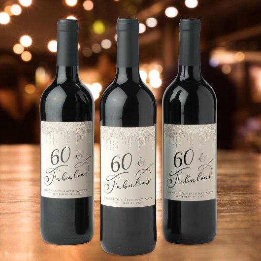 60 Fabulous Birthday Gold Glitter, op maat gesnede Wijn Etiket