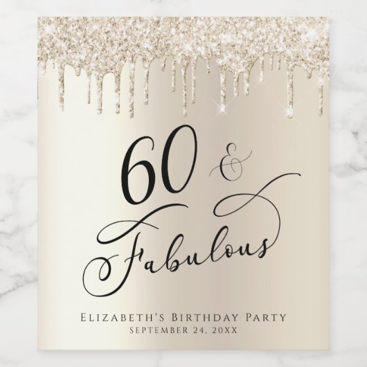 60 Fabulous Birthday Gold Glitter, op maat gesnede Wijn Etiket (Enkel label)