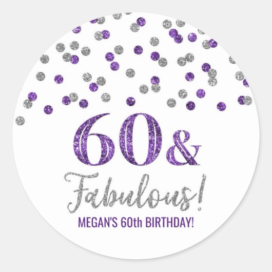 60 & Fabulous Birthday Silver Paarse Confetti Ronde Sticker (Voorkant)
