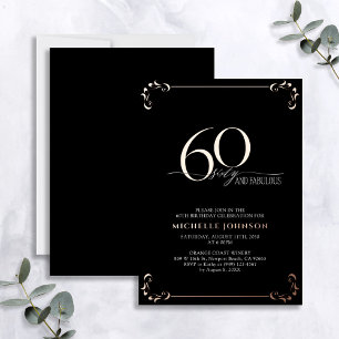 60 & Fabulous Black Roos Gold Calligraphy Birthday Folie Uitnodiging
