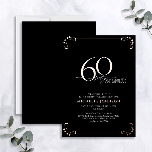 60 & Fabulous Black Roos Gold Calligraphy Birthday Folie Uitnodiging