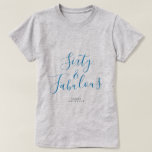 60 Fabulous Blue Custom Name 60th Birthday Gift T-shirt<br><div class="desc">Vier het draaien 60 in stijl met deze aangepaste naam modern 60e verjaardag t-shirt met de tekst zestig en fantastisch in elegant blauw script. Voeg eenvoudig jouw naam toe aan dit 60ste verjaardagsviering t-shirt. Perfect verjaardagscadeau voor een moderne, stijlvolle en elegante 60-jarige. Exclusief voor u ontworpen door Happy Dolphin Studio....</div>