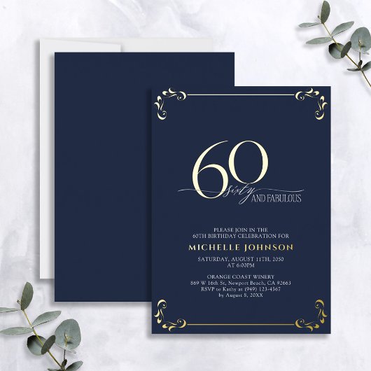 60 & Fabulous Blue & Gold Calligraphy Birthday Folie Uitnodiging