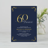 60 & Fabulous Blue & Gold Calligraphy Birthday Folie Uitnodiging (Staand Voorkant)