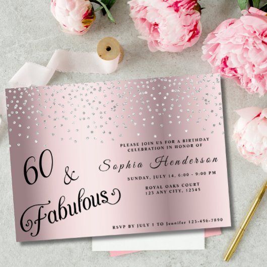 60 Fabulous Blush Roze Glitter Verjaardagsfeest Kaart