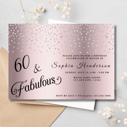 60 Fabulous Blush Roze Glitter Verjaardagsfeest Kaart