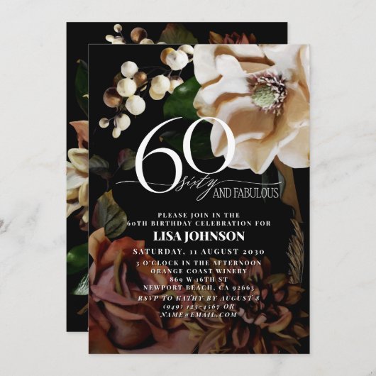 60 & Fabulous Dark Moody Neutral Magnolia Floral Kaart (Voorkant / Achterkant)