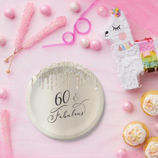 60 Fabulous Glitter Gold Birthday Party Papieren Bordje (Feest)